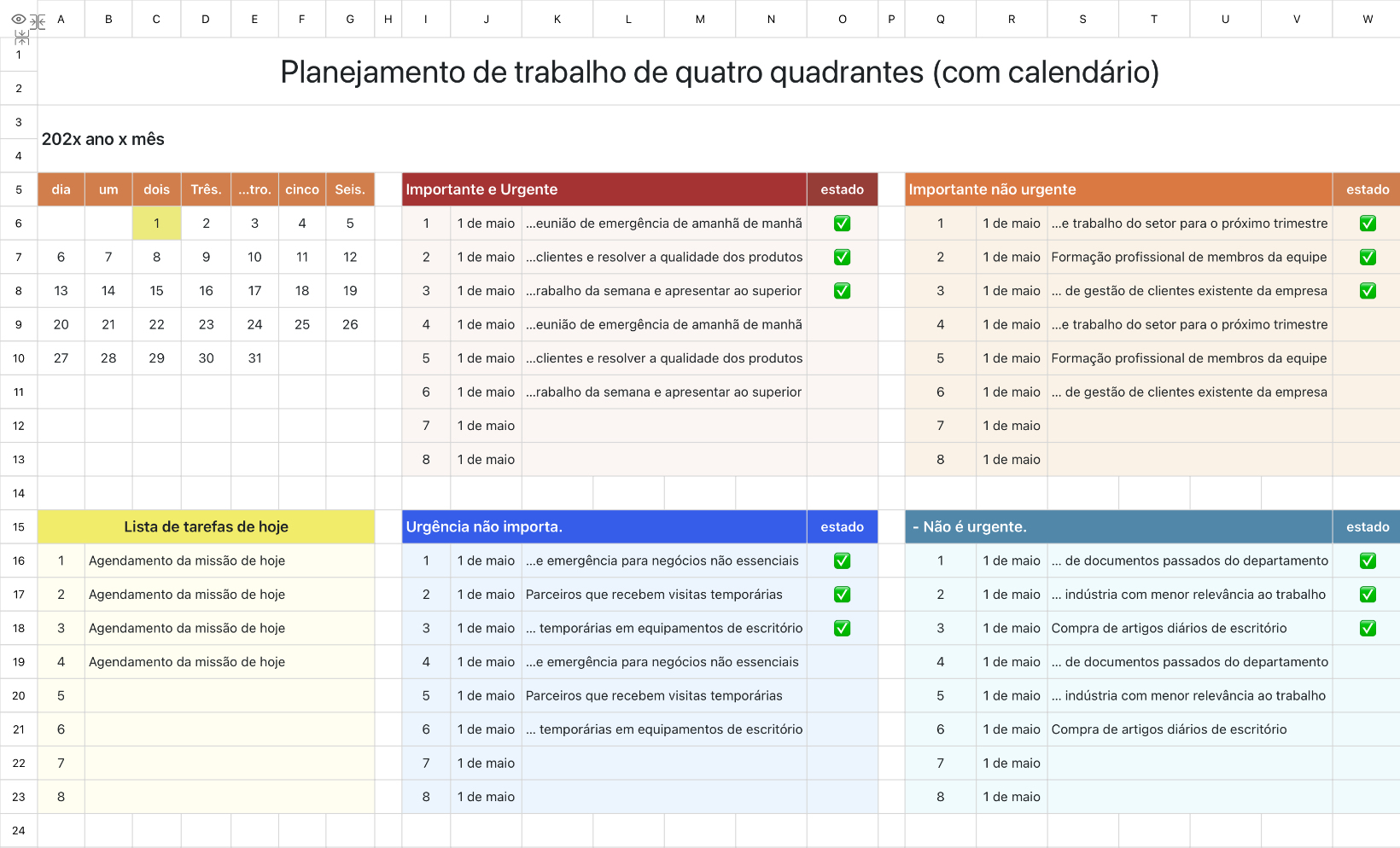 Planejamento de trabalho de quatro quadrantes (com calendário)